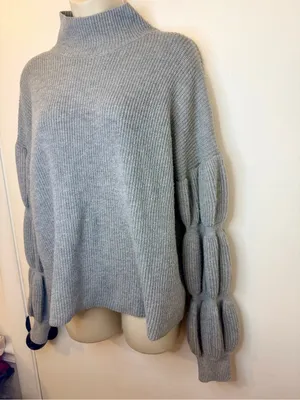 Hem & Thread Gray Ribbed Mock Neck Balloon Sleeve Sweater Size Large thumbnail 5