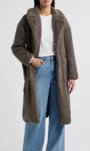 BCBG MaxAzria‎ Faux Fur Shearling Teddy Long Coat Sz XXS Heavy Winter Brown Gray thumbnail 1