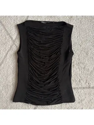 Elie Tahari Black Ruched Sleeveless Top Women’s Elegant Draped Boat Neck Blouse thumbnail 2