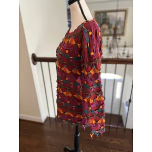 Vintage Burgundy Orange Teal Purple Embroidered Polka Dot Dangle Sweater thumbnail 4