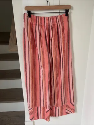 Free People Day's End Linen Striped Pull-On Pants in Soft Coral Combo NWT thumbnail 4