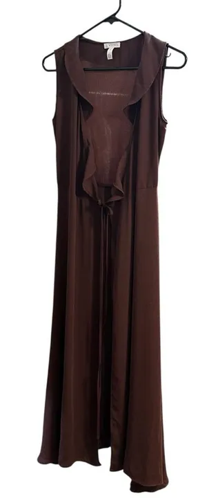 Leith Nordstrom Longline Sleeveless Duster Vest Chocolate Brown Ruffle Collar XS thumbnail 1