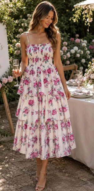 LoveShackFancy x Target Elise Floral Tiered Midi Dress Limited XS Pink White thumbnail 1