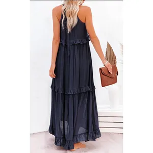 Navy Blue Maxi Halter Dress Boho Tie Back Pockets Size M thumbnail 2