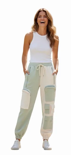 Hot & Delicious Colorblock Cargo Jogger Pants Mint Green Cream Multi Pocket SM thumbnail 1