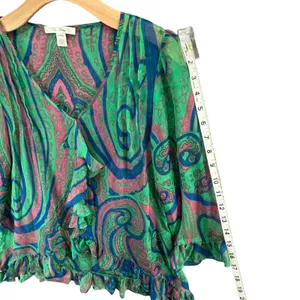 Anthropologie Trinity Blouse M Green‎ Silk Paisley Sheer Ruffle Forest Fairy Top thumbnail 9