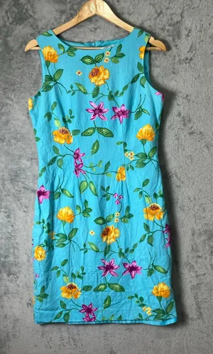 Vintage Linen Floral Sheath Dress Womens Size 8‎ Blue Sleeveless Garden Cottage thumbnail 1