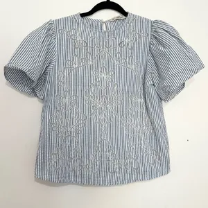 Zara striped blue blouse with lace floral cutout details mesh pin stripe size XS thumbnail 1