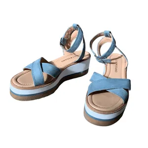 Lucky brand colorblock platform stacked chunky sandals denim blue leather white thumbnail 4