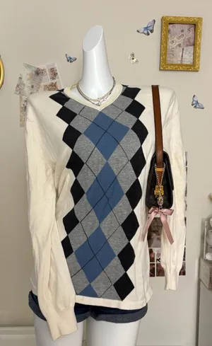 Perry Ellis Cream Argyle V-Neck Long Sleeve Sweater Blue Grey Black Medium M thumbnail 1