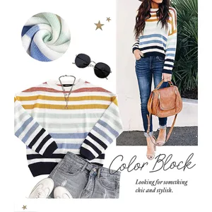 Long Sleeve Striped Color Block Casual Loose Knitted Pullover Sweater Top Medium thumbnail 7