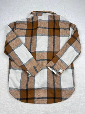 Staccato Oversized Plaid Flannel Shacket Womens M Brown Cream Fall Jacket thumbnail 2