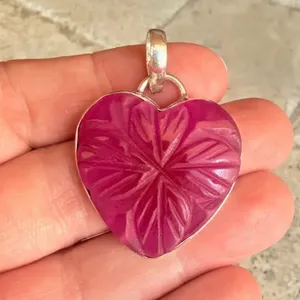Carved Ruby Heart Clover Pendant 925 Silver Overlay Red thumbnail 3