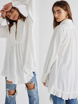 FREE PEOPLE Love Me Truly White Cotton Long Sleeve Tunic Top Mini Dress thumbnail 2