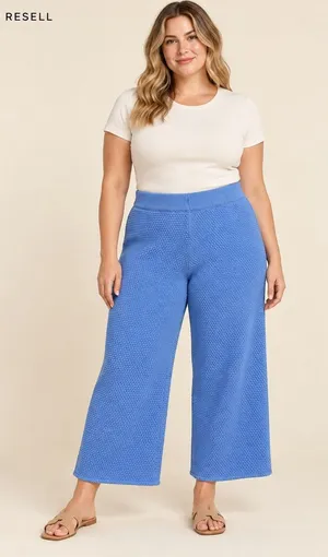 Free People FP Beach Blue Knit Wide Leg Pants XL Textured Cotton Cropped Pants thumbnail 1