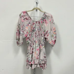 Here Comes the‎ Sun Floral Romper Small Pink Smocked Waist Ruffle Hem Small Boho thumbnail 2