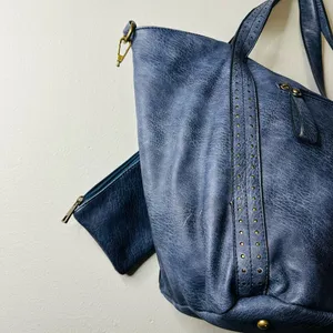 AMPERE Vegan Blue Leather The Amelie Tote Brass Hardware Coin Purse Shoulder Bag thumbnail 5