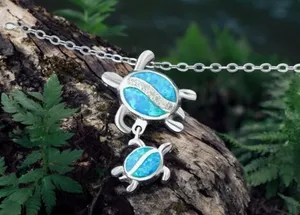 Silver Plated Tear Drop Opal Turtle Parent Child Pendant,‎ Minimalist Necklace thumbnail 1
