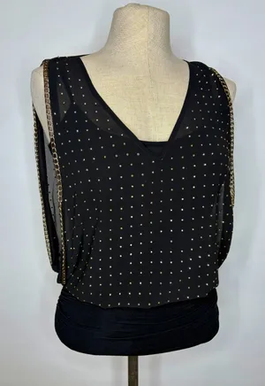 Bebe Black Rhinestone Studded Chain Trim Sleeveless Ruched Top Small thumbnail 1