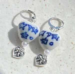 celestial porcelain heart beads & ribbon cute dangle earrings🌝🎀 thumbnail 4