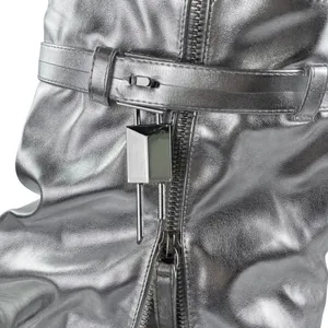 Women's Silver Metallic Leather Zip Fold Over Padlock Platform Mid Calf Boots 10 thumbnail 6