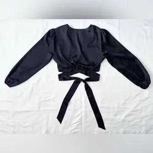 Abercrombie & Fitch Cropped Satin Long Sleeve Wrap Top - Black - M thumbnail 7