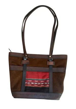 Leather Suede Tote Bag Bolivia Made Woven Boho Chic Aztec Red Brown thumbnail 1