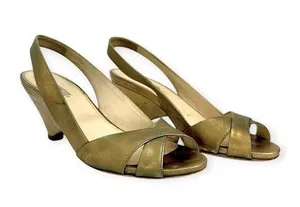 PRADA | US 8.5 / IT 38.5 | Metallic Gold Leather Peep-Toe Slingback Pumps thumbnail 1
