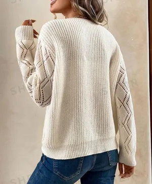 LUNE Guipure Lace Panel Pointelle Knit Drop Shoulder Sweater thumbnail 2