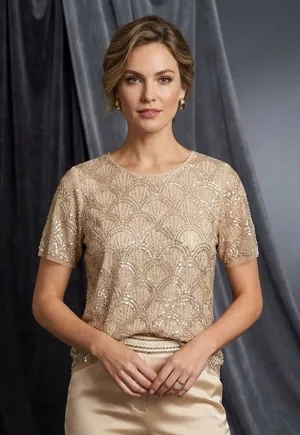 NWT Adrianna Papell Sequin Blouse Top Champagne L thumbnail 1