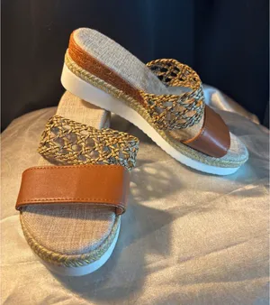 Woven Platform Slide Sandals Cognac Brown Gold Braided Espadrille Flatform 35 thumbnail 1