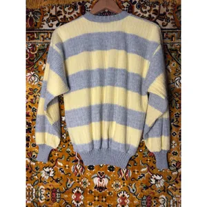 90s VTG Oversized Butter Yellow Striped Ribbed Crewneck Cotton Knit Sweater sz L thumbnail 6