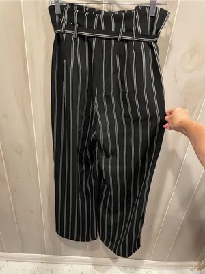 Cute classic flowy stripe paper bag waist belted pants wide leg Express office thumbnail 8