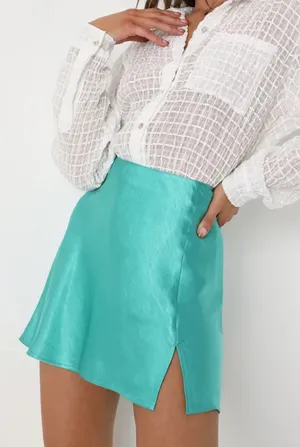 Lulus Flirty Days Teal Blue Satin Mini Skirt thumbnail 3
