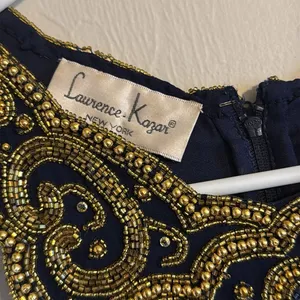 Vtg Laurence Kazar Halter Beaded embellished silk formal gown dress blue gold‎ L thumbnail 6