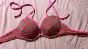 Xhilaration Pink & Olive Striped Push-Up Bikini Top thumbnail 1