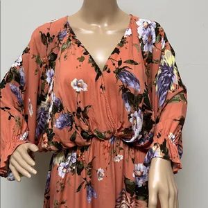 White Birch Coral Peach with bold florals 2 tier dress balloon sleeves size L thumbnail 2