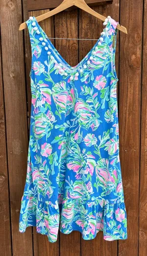 Lilly Pulitzer Camilla Floral Blue Flare Fancy Fina Print Cotton Tank Dress thumbnail 1