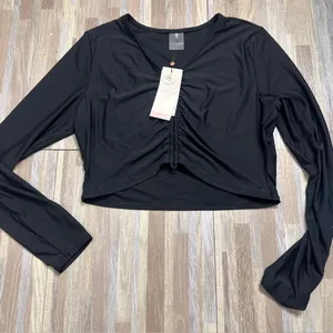 CALIA by Carrie Underwood Black Long-Sleeve Ruched Front Swim Coverup Crop thumbnail 1