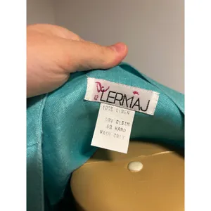 LERMAJ Vintage Teal Linen Blend Two Piece Set Lace Wrap Top Wide Leg Pants M/L thumbnail 11