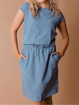 Albion Fit Cap Sleeve Chambray Going Places Athleisure Travel Casual Mini Dress M thumbnail 1