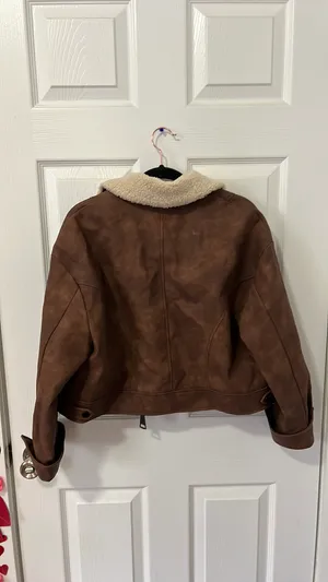 Dark brown faux-leather shearling collar aviator jacket thumbnail 6
