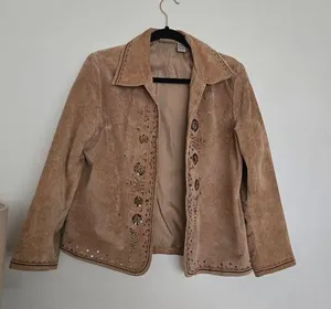 Chicos Women's Jacket Leather Open Front Collared W/ Lining Embroidery thumbnail 1