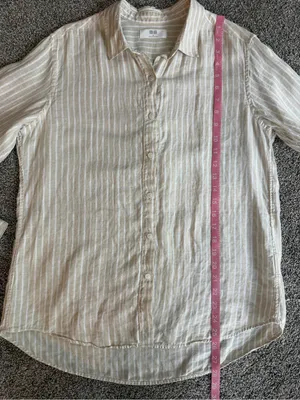 Uniqlo Women’s M Beige White Striped Linen Blend Button Down Shirt thumbnail 5