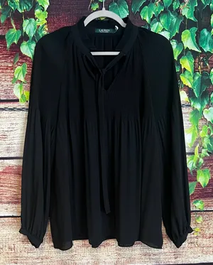 Ralph Lauren Pleated Georgette Tie Neck Blouse Large Black Long Sleeve Top Fancy thumbnail 1