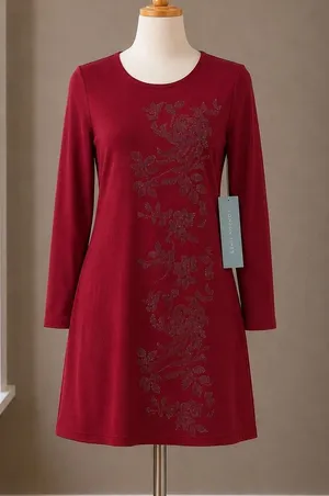 London Times Deep Red Rhinestone Floral Knit A-Line Dress Long Sleeve Large NEW thumbnail 1