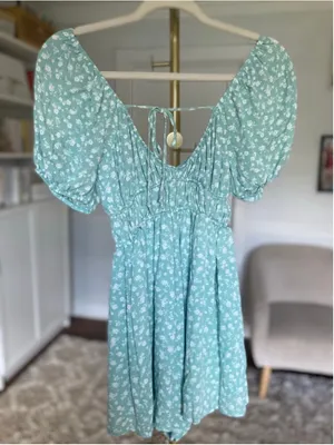 Altar’d State Mint Floral Romper Smocked Quiet Luxury Coquette Romantic Feminine thumbnail 3