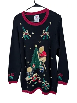 Nutcracker Black Christmas Sweater Teddy Bears Decorating Tree Holiday Knit M Size M thumbnail 1