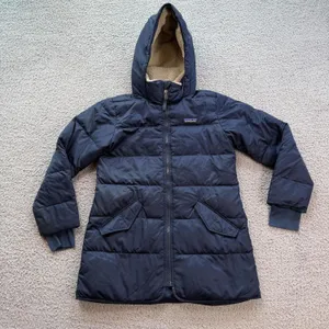Patagonia Navy Down Hooded Parka Jacket Small Fleece Lined Worn Wear Winter Coat thumbnail 1