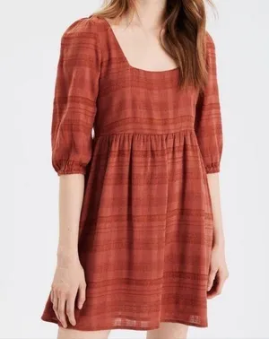 American Eagle AE Puff Sleeve Babydoll Mini Dress Large Women’s Burnt Orange thumbnail 1